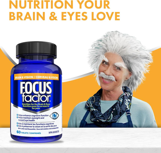 Focus Factor 大腦和視力,60 粒 - 多種維生素補充劑,含維生素 B6、B12、D3、葉黃素、玉米黃質和假馬齒莧,有助於增強成人的認知功能並支持眼睛健康