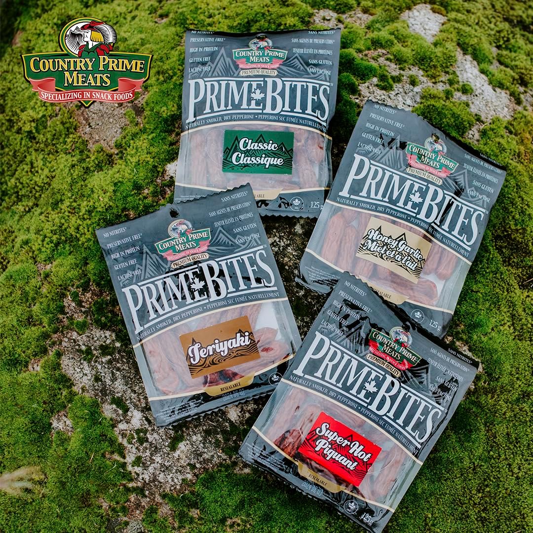 Country Prime Meats Teriyaki Prime Bites. Dry Cured Pepperoni. 100% Canadian Made. High Protein Snack. No Artificial Flavours, Naturally Smoked, No Nitrites, Gluten Free. 125g (Pack of 16)