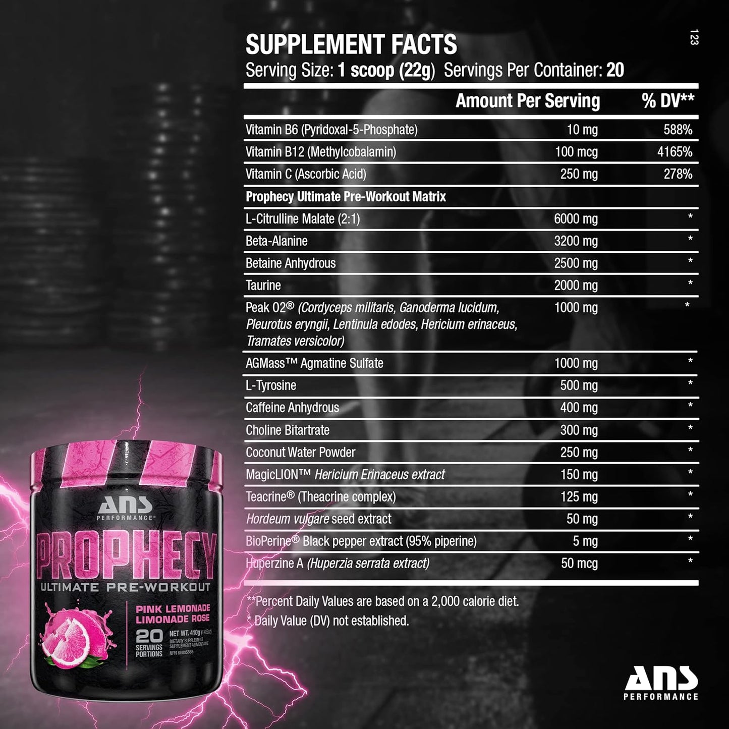 ANS Performance Prophecy 锻炼前粉(20 份,14.5 盎司)- 无麸质锻炼前配方 - 能量与力量 - 无糖 - 增加力量和锻炼量(粉红柠檬水)