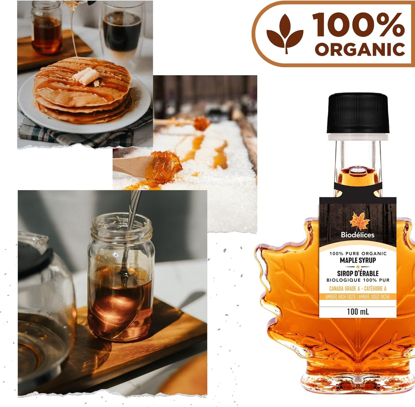 Biodélices - Pure Organic Maple Syrup 100ml - Grade A - Amber Rich Taste - Quebec's Finest in Elegant Maple Leaf Bottle - Ideal for Pancakes, Waffles Desserts, Baking Yogurt, Oatmeal & Salad Dressings