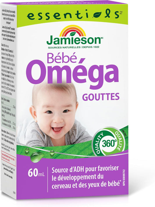 Jamieson 嬰兒 Omega-3 滴劑,富含 EPA 和 DHA,加拿大製造,可支持大腦和眼睛發育。天然香料,不含麩質、人工色素、香精或防腐劑,60 毫升