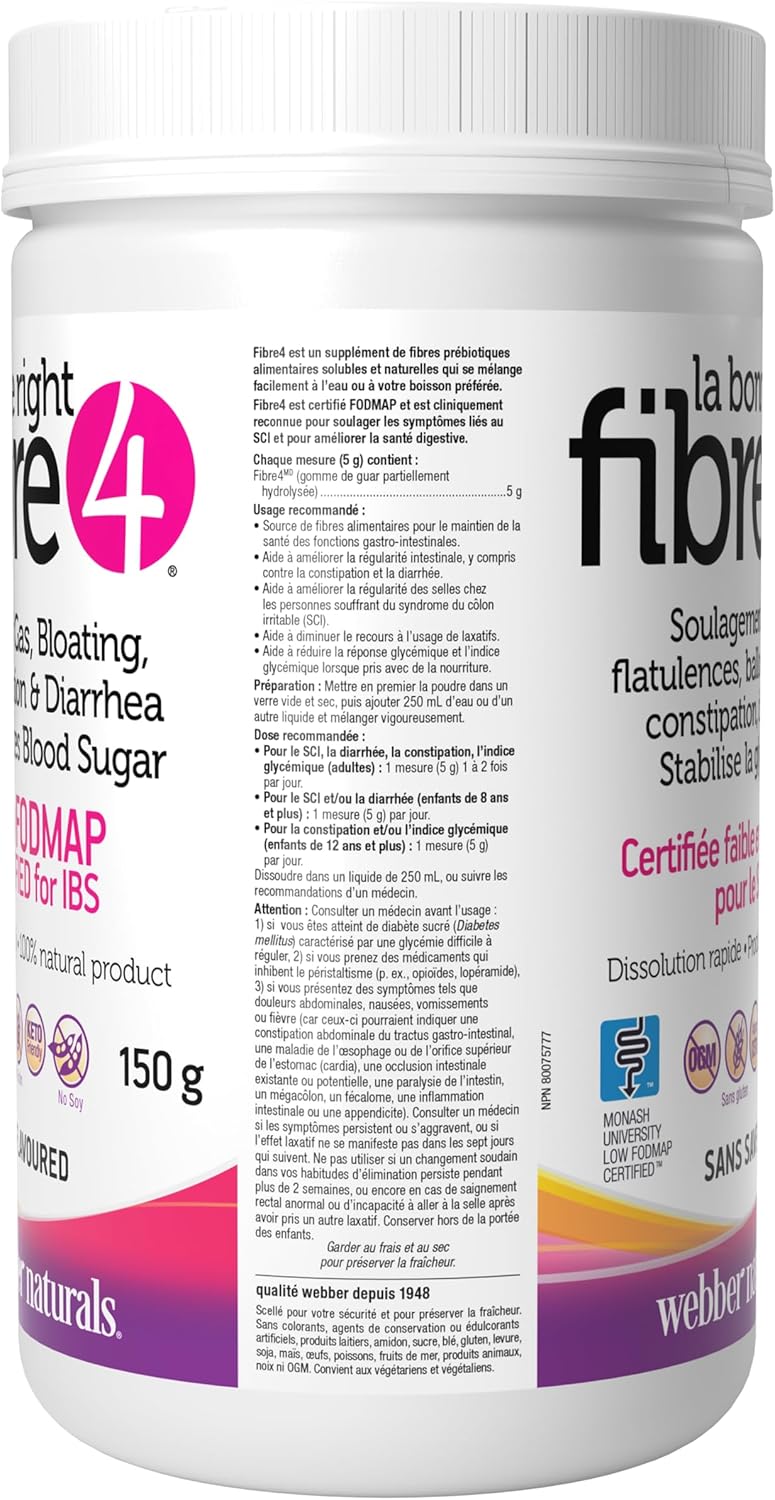 Webber Naturals Fibre4 腸躁症腸道不適補充劑,150 克,原味,30 份,促進消化健康的膳食纖維補充劑,低 FODMAP,純素