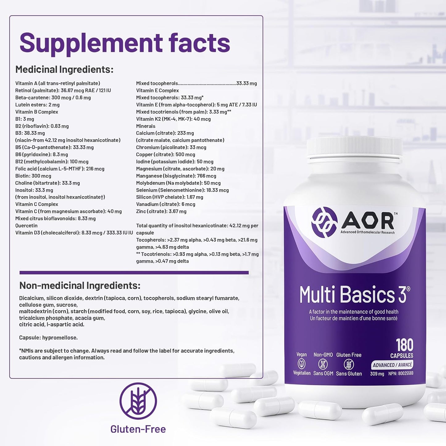 AOR 复合基础 3 309 毫克,180 粒胶囊,60 天用量 - 男女适用的综合复合维生素,无麸质,易于吞咽,无余味,成人每日必需维生素和矿物质补充剂