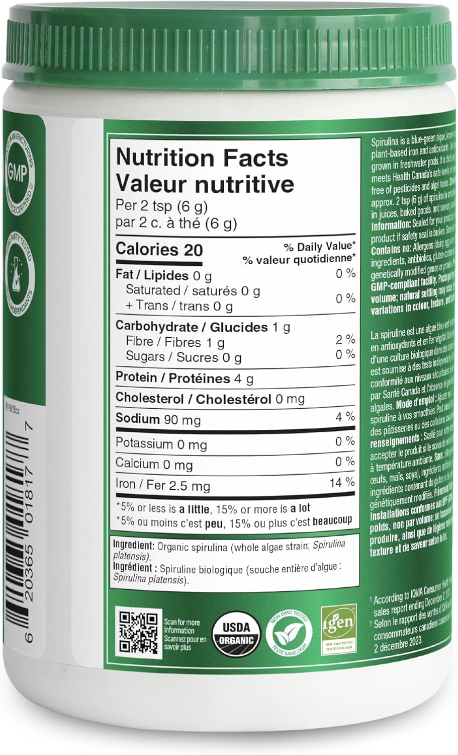 Organika Canadian-Made Certified Organic Spirulina Powder- Superfood, 3rd Party Tested, Pristine Sourcing, Vegan- 300g