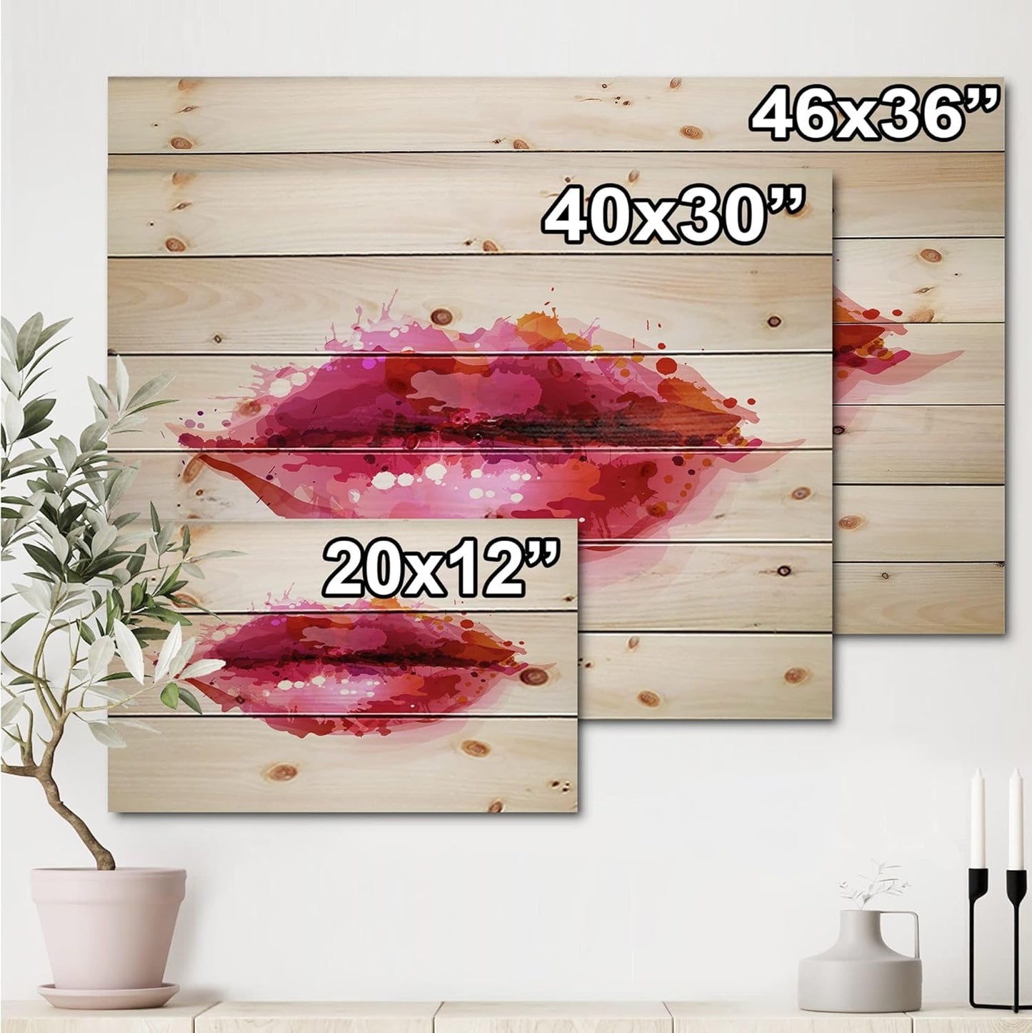 DesignQ 紅色女人嘴唇由抽象的斑點組成 - 天然松木上的現代印花