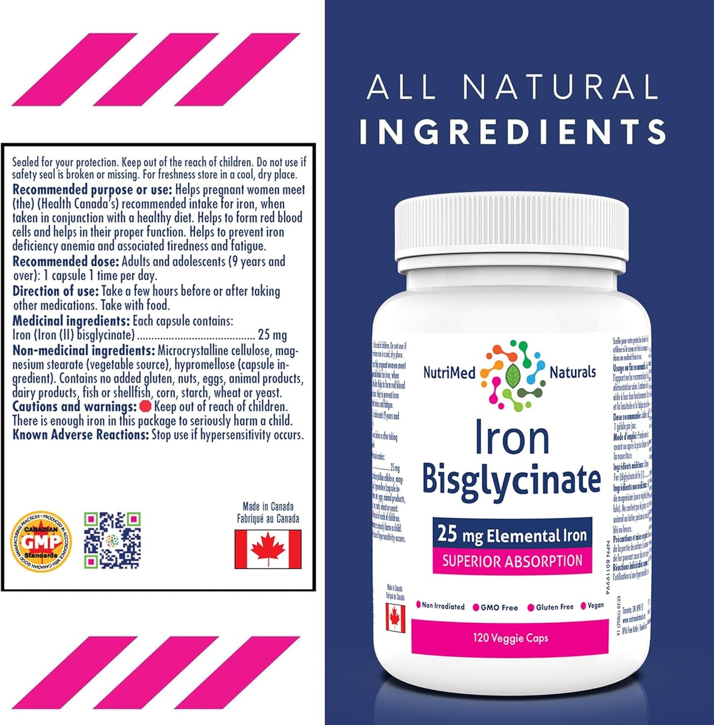 Nutrimed Naturals - 甘氨酸鐵,120 粒素食膠囊,120 天用量 - 25 毫克元素鐵缺乏性貧血和相關疲勞和乏力 - 經第三方測試 - 加拿大配製和製造