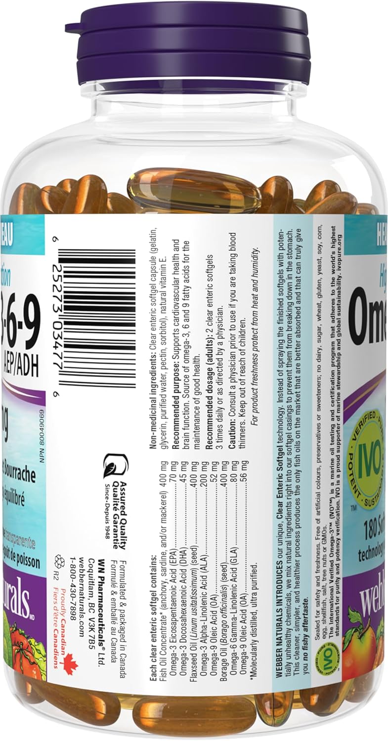 Webber Naturals Omega 3-6-9 1,200 毫克魚油,180 粒透明腸溶無魚腥味軟膠囊,支持心血管健康和大腦功能