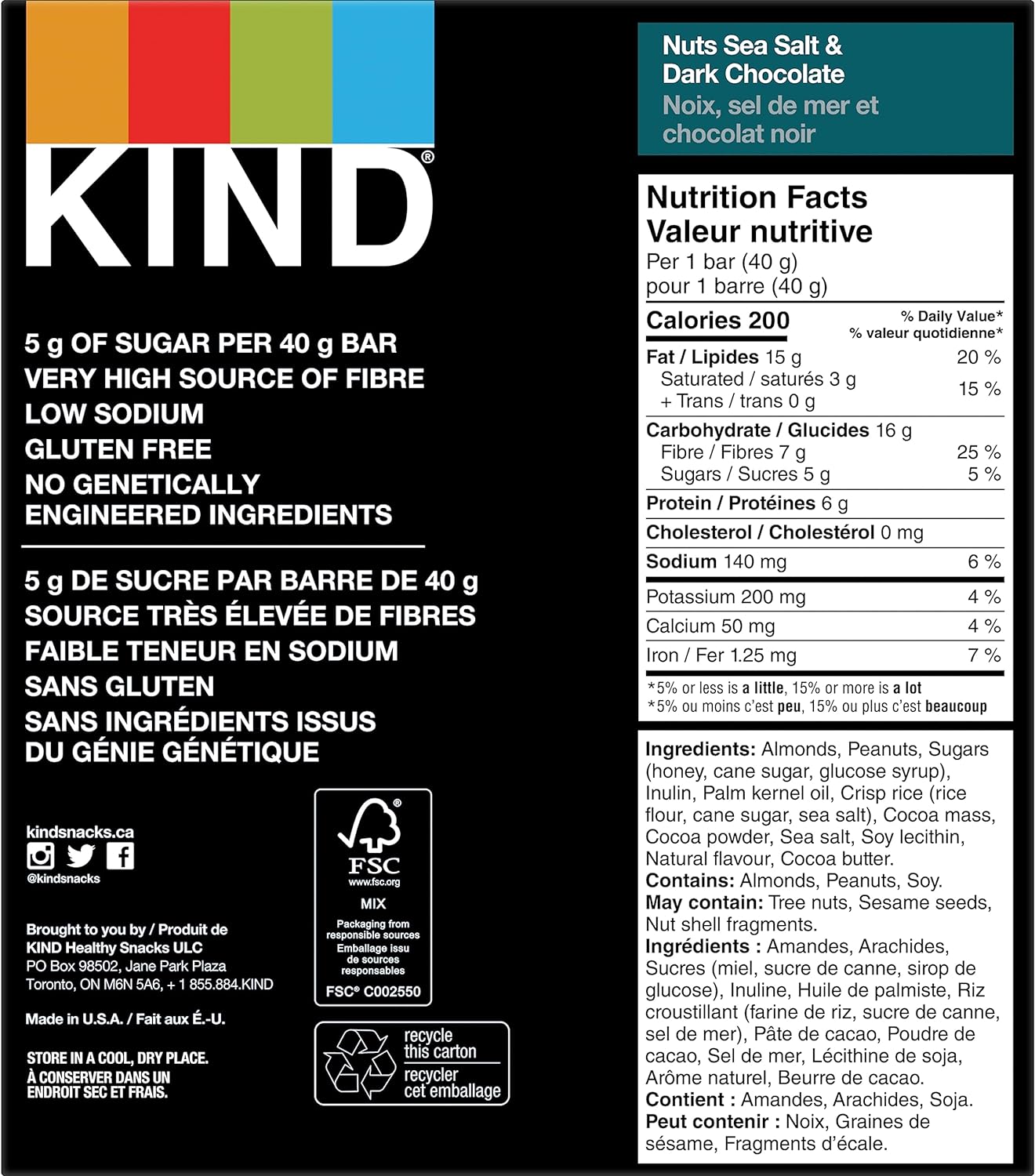 KIND 能量棒,坚果海盐黑巧克力,无麸质,低糖,40 克,12 块;水果坚果焦糖杏仁海盐,无麸质,低糖,1.4 盎司,5 块