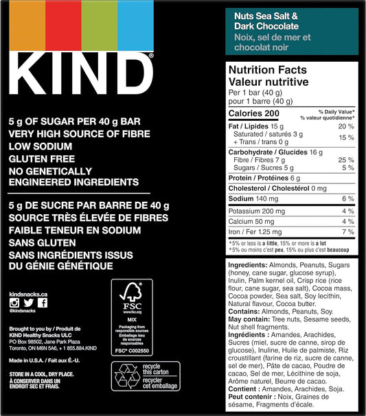 KIND 能量棒,坚果海盐黑巧克力,无麸质,低糖,40 克,12 块;水果坚果焦糖杏仁海盐,无麸质,低糖,1.4 盎司,5 块