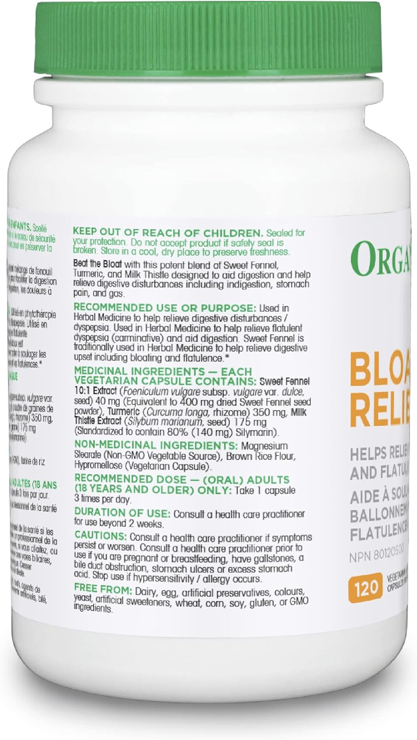Organika Canadian-Made Bloat Relief- Helps Relieve Bloating and Flatulence- Herbal Blend of Sweet Fennel, Turmeric, and Milk Thistle- Digestive Support- 120vcaps