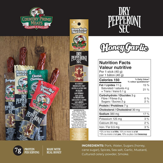 Country Prime Meats 蜂蜜蒜香干腌意大利辣香肠条。100% 加拿大制造。高蛋白零食。不含亚硝酸盐,不含人工香料,天然烟熏,不含麸质。40克(25包)