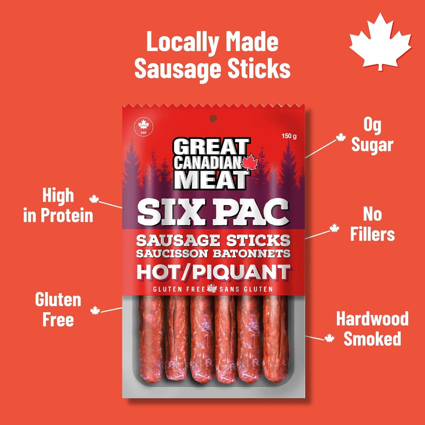 热熏香肠条 - 4 包,每包 4 x 150 克,Great Canadian Meat 出品,肉类零食,散装香肠条盒,适合肉食爱好者。零食之选,古饮食法,无麸质,高蛋白