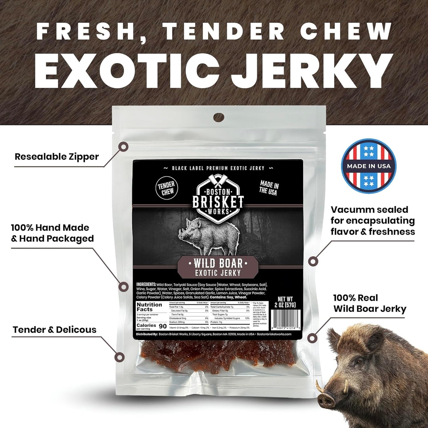 Wild Boar Jerky – 2 oz Bag – 100% Real Wild Boar Meat | Handcrafted in Small Batches | Vacuum Sealed | No Fillers, No MSG, No Nitrates | Made by a Small Business