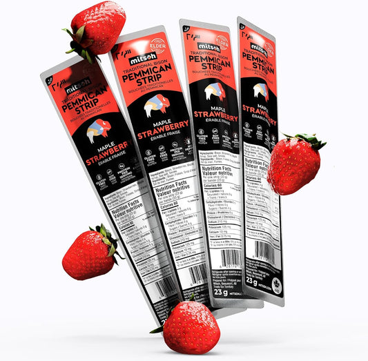 Bison Strawberry Pemmican Meat Snack | Indigenous Superfood | Made w/Grass-Fed Bison | Canadian, Indigenous-Owned | High Protein, Gluten-Free, Soy-Free, 4-Pack