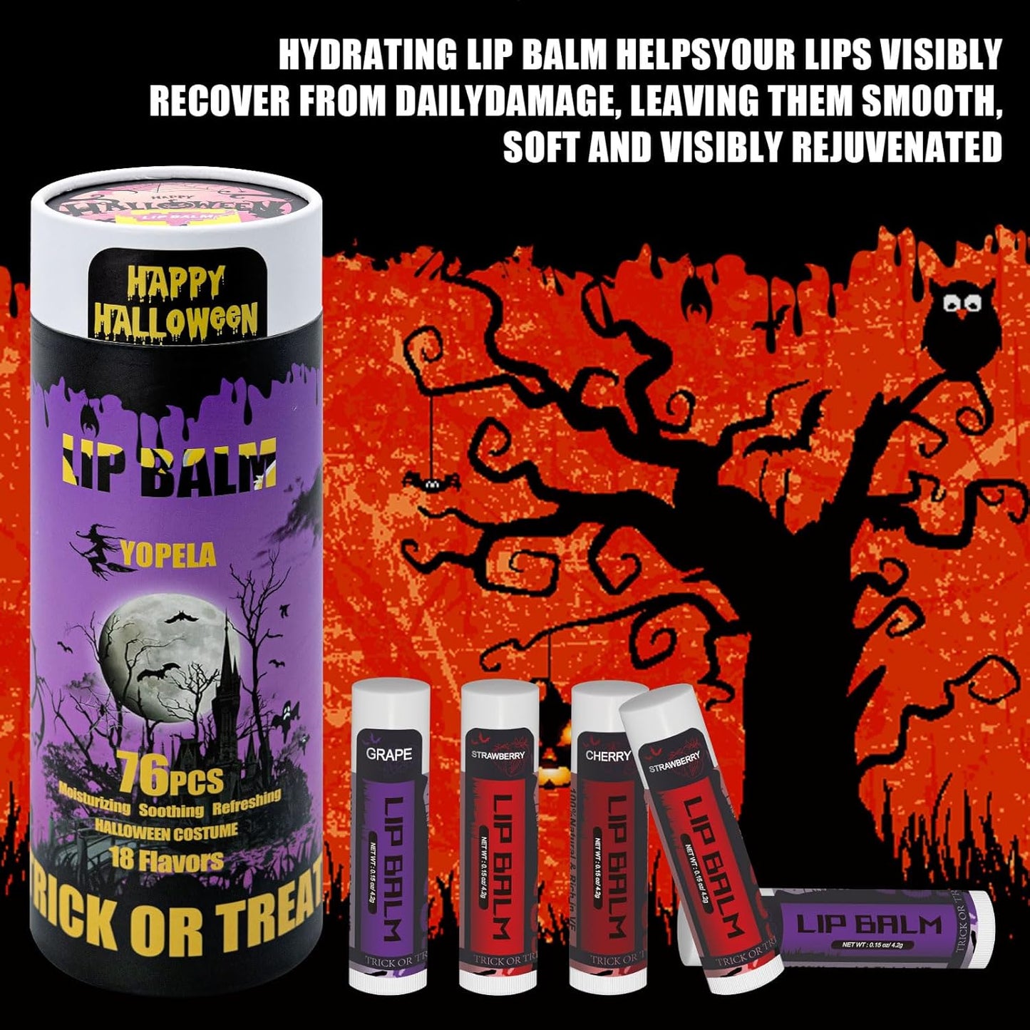 Yopela 76 Pack Halloween Lip Balm in Bulk with Vitamin E and Coconut Oil Lip Care Product - Moisturizing, Soothing, and Repairing Dry and Chapped Lips with 19 Flavors and Party Gift Card