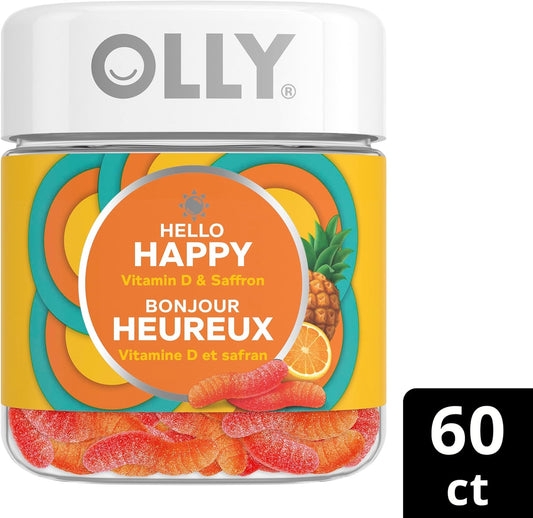 OLLY Hello Happy Gummy Worm 補充維生素 熱帶風味 混合維生素 D 和藏紅花 30 天供應量 60 粒軟糖