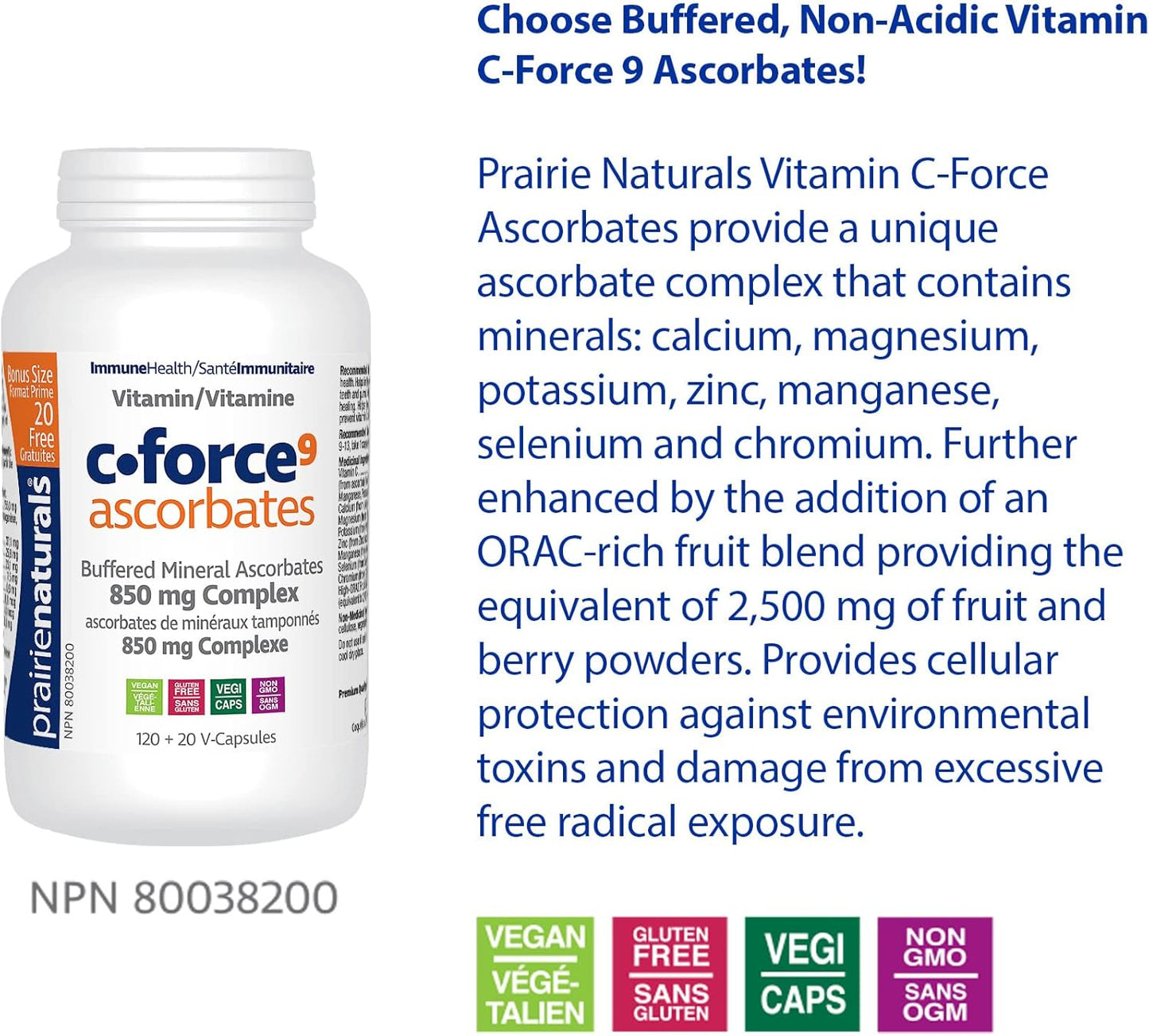 Prairie Naturals 维生素 C Force 矿物质抗坏血酸盐有助于骨骼/软骨/牙齿/牙龈/伤口愈合/和结缔组织的形成,维持肌肉功能,维持身体的……