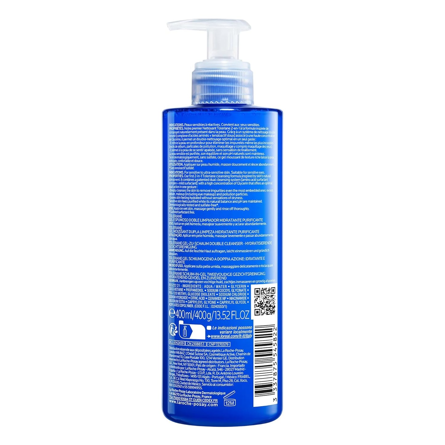 La Roche-Posay Face Wash with Glycerin, Toleriane Purifying Foaming Double Cleansing Gel, Face Wash for Sensitive to Ultra-Sensitive Skin, Fragrance Free, Paraben Free, Oil Free, 400mL