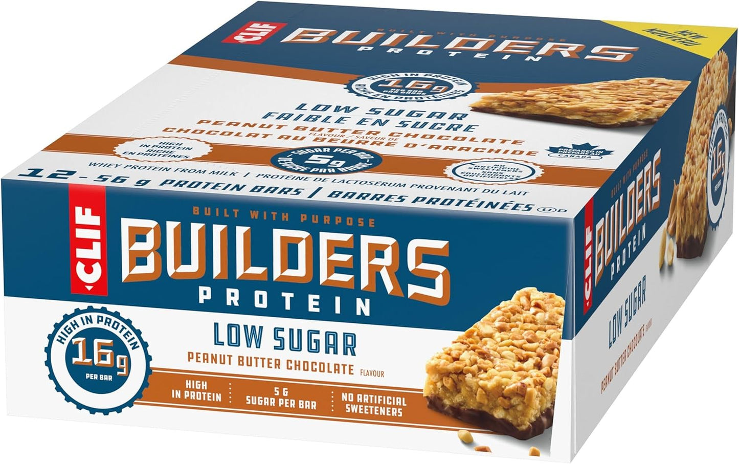 CLIF BUILDERS 低糖蛋白棒,12 包,每包 56 克,16 克蛋白质,5 克糖,不含人工甜味剂,花生酱巧克力味,高蛋白零食,加拿大制造