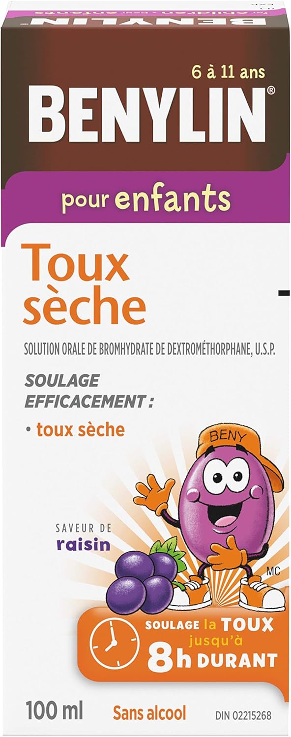 BENYLIN Children's Dry Cough Syrup, Relieves Dry Cough, 100mL, Grape Flavour, Alcohol Free, For ages 6-11yrs