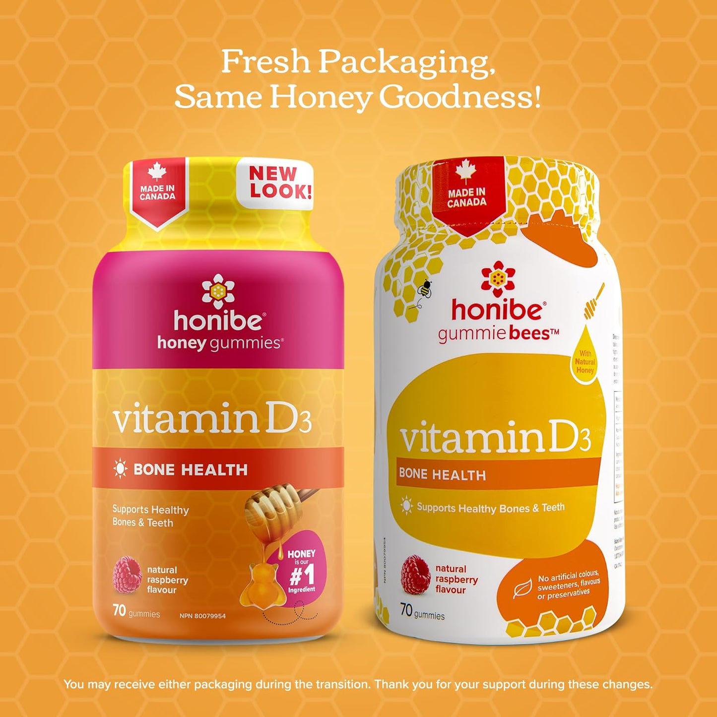 Honibe 維生素 D 軟糖,適合兒童和成人 | 加拿大製造的蜂蜜維生素 | 維生素 D3 有助於支持骨骼健康、情緒和免疫系統功能 | 素食咀嚼維生素 D 補充劑 | 70 粒軟糖