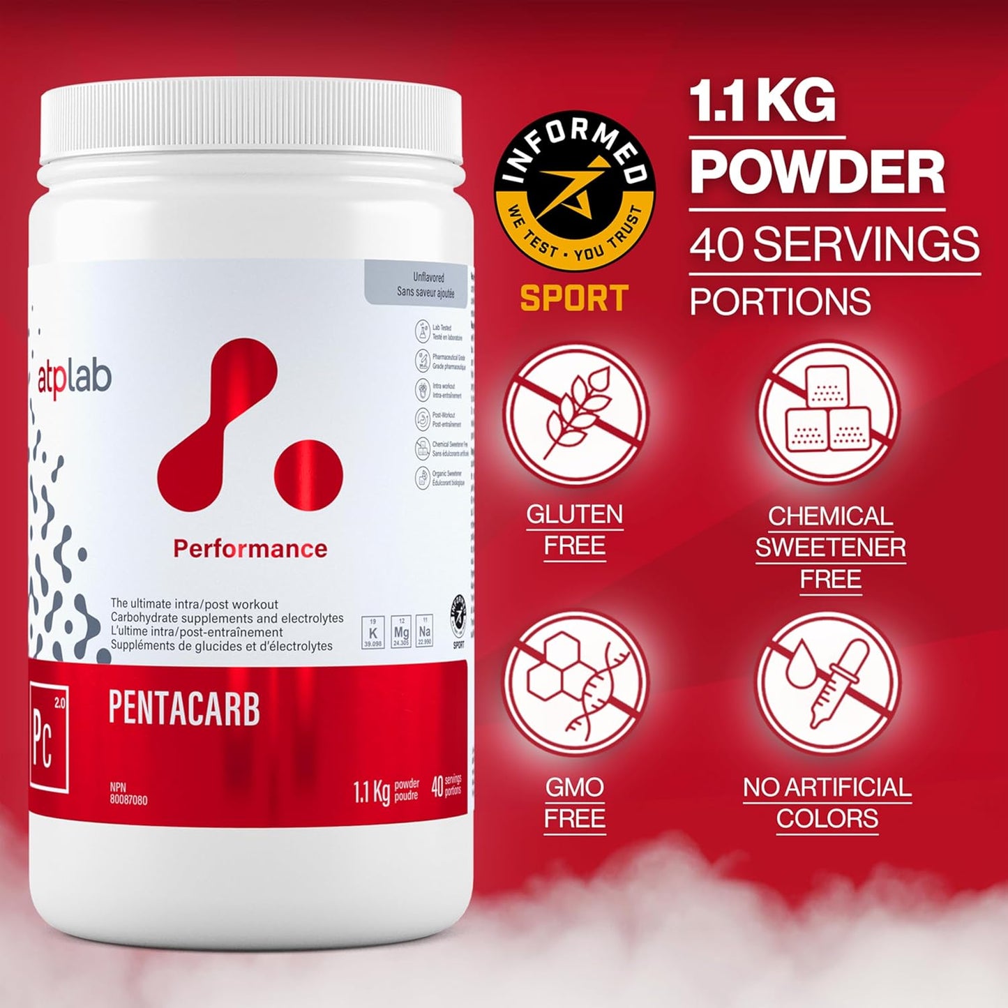 ATP LAB Pentacarb 1.1kg 无味粉 40 份 - 碳水化合物和电解质 - 支持性能、能量和耐力 - 非常适合锻炼后恢复 - 易于混合的配方,适合积极的生活方式