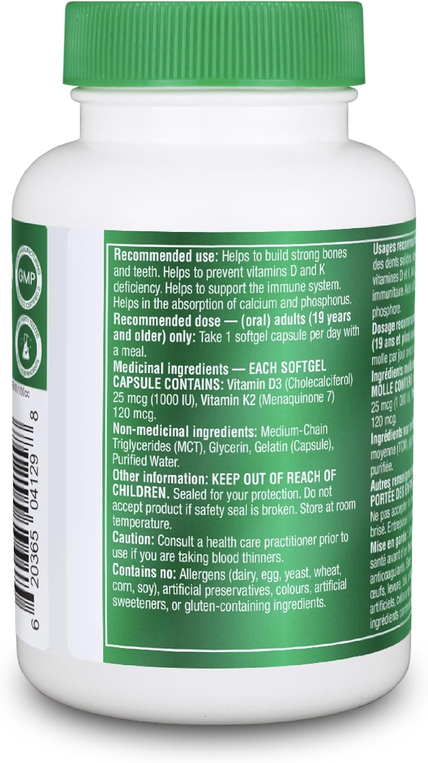 Organika 维生素 D3 + K2 (MK7) - 每粒胶囊含 1000IU D3 和 120mcg K2 - 高效,支持健康的免疫功能和骨骼 + 牙齿 - 120 粒胶囊