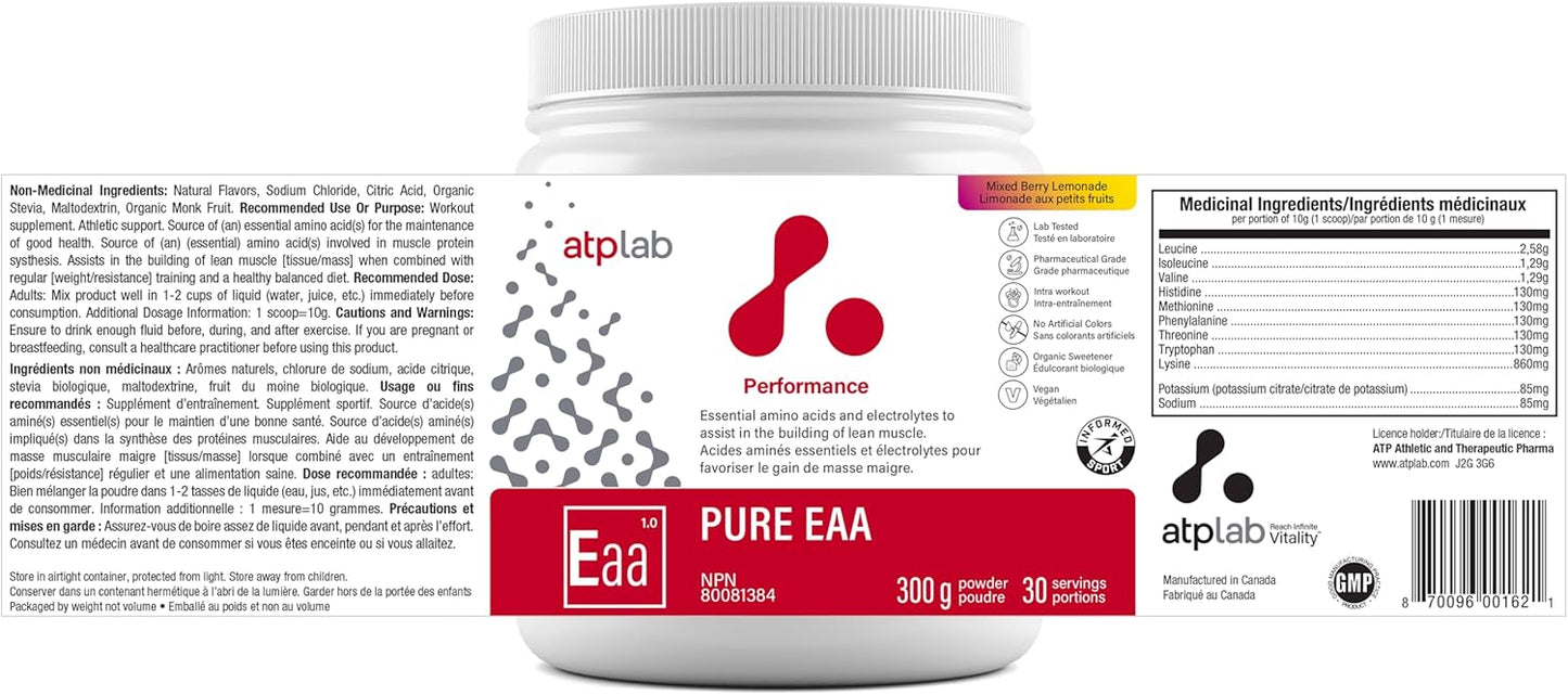 ATP LAB 纯 EAA 粉,300 克,30 份,浆果柠檬水口味 - 11 种 EAA 和电解质的完整混合物 - L-赖氨酸、L-蛋氨酸、色氨酸 - 锻炼支持和补水必需氨基酸