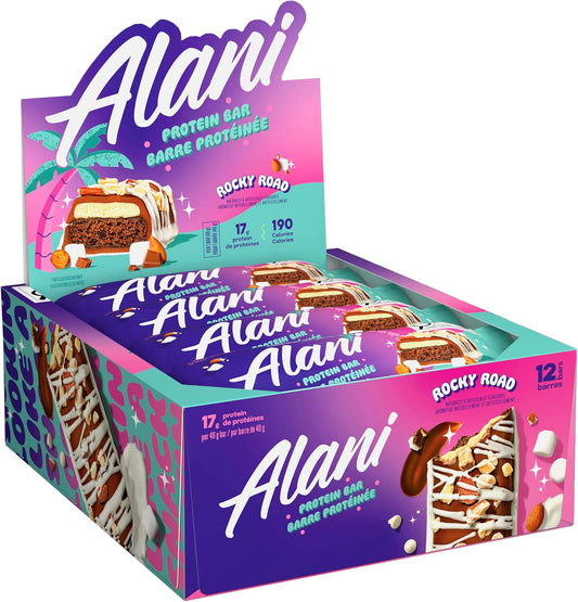Alani Nu 蛋白棒 Rocky Road | 高蛋白无麸质棒 | 16 克蛋白质 | 低糖(7 克)低碳水化合物健康零食 | 12 条独立包装