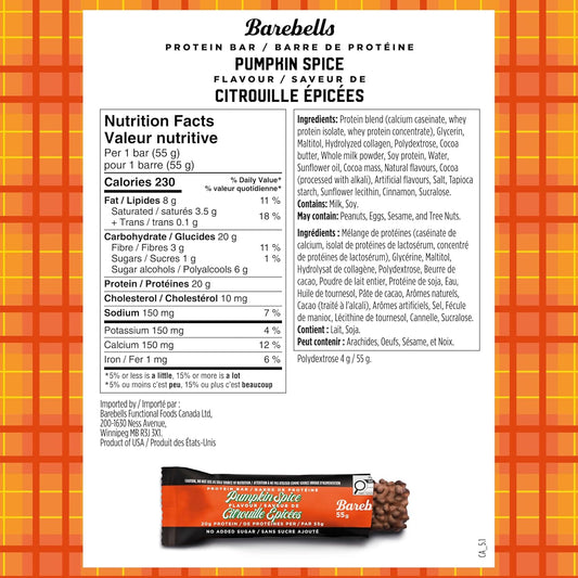 Barebells Protein Bars Pumpkin Spice - 12 Count, Protein Snacks with 20g of High - Chocolate Bar with 1g of Total Sugars - On The Go Snack & Breakfast Bars (12x55g) (NEW LIMITED EDITION)