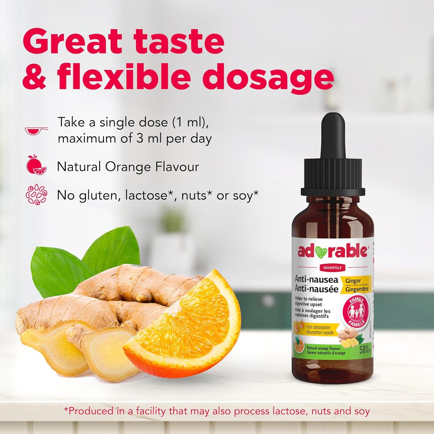 Adorable Anti-Nausea Ginger Liquid – Non-Drowsy Nausea & Upset Stomach Formula – 60 mg of Ginger per dose - 50 mL