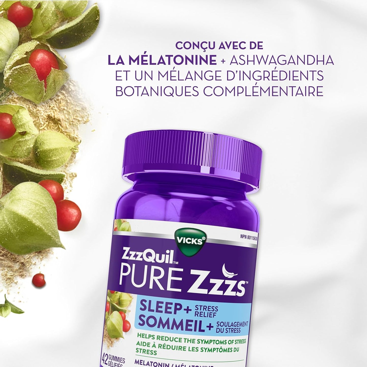 Vicks ZzzQuil PURE Zzzs 緩解壓力褪黑素助眠軟糖,成人適用,南非醉茄有助於減輕壓力症狀,每粒軟糖含 1 毫克,42 粒