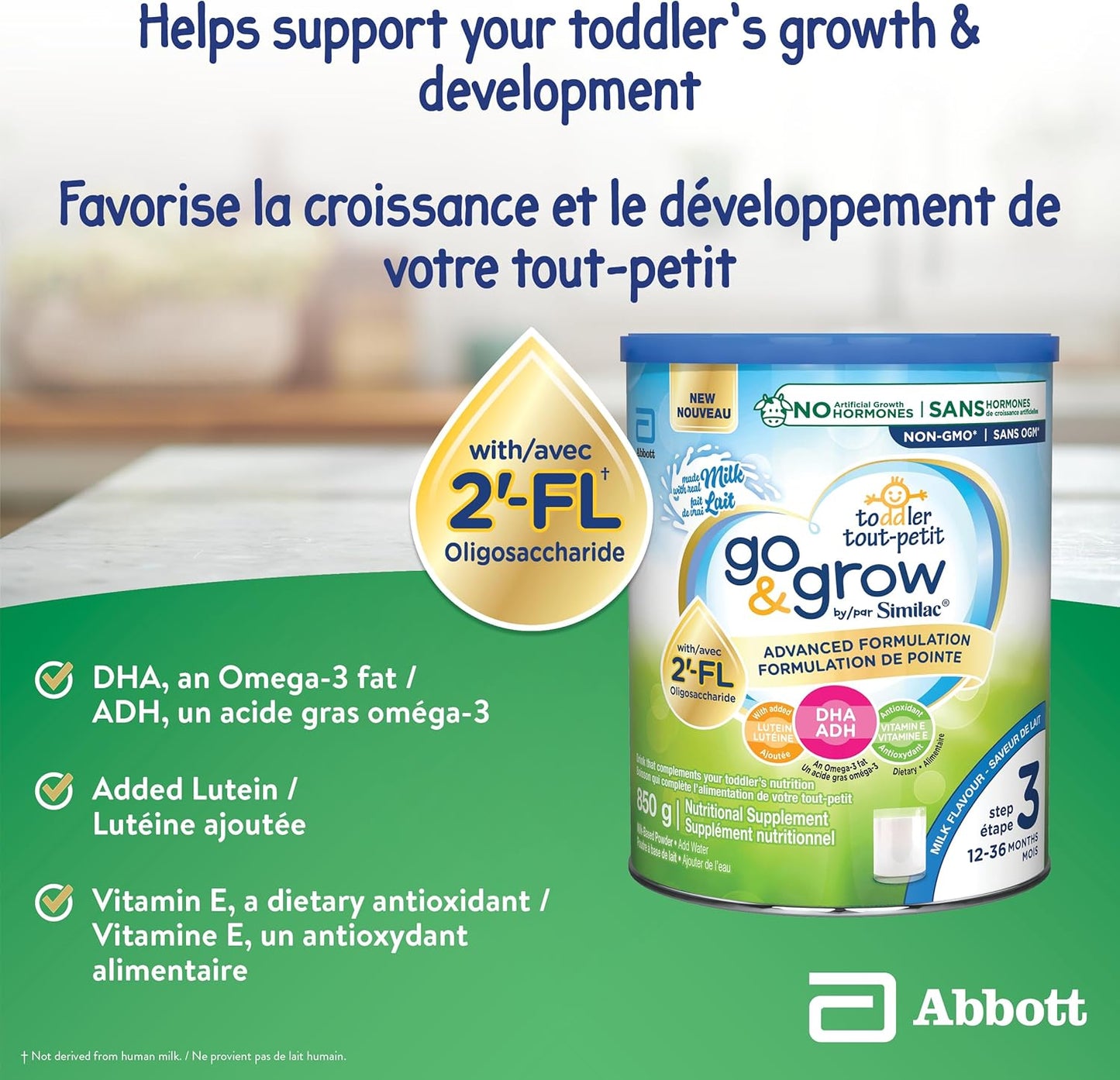 Similac Go & Grow 3 段幼兒飲料,含 2'-FL。免疫支持創新:2'-FL,奶粉,12-36 個月,牛奶味,850 克