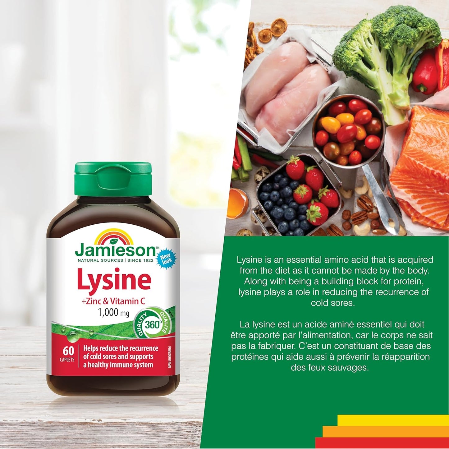 Jamieson Lysine 1,000 mg, with Zinc and Vitamin C, Cold Sore Support, and Helps Immune Health. Essential Amino Acid, Non-GMO, Gluten-Free, 60 Vegetarian Caplets, Proudly Canadian
