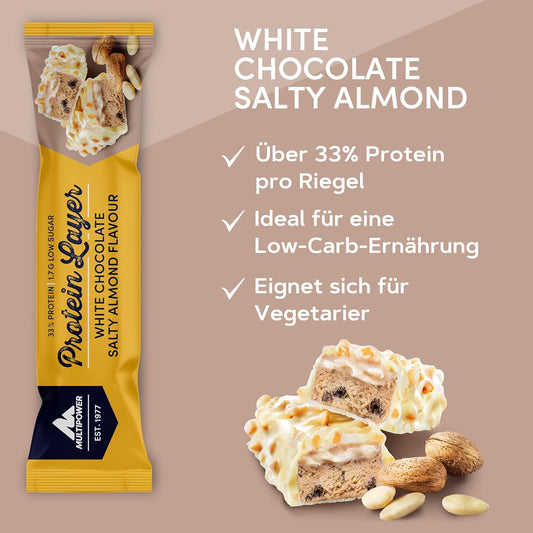 Multipower Protein Layer Bar - White Chocolate Salty Almond Flavor - High-Protein Multi-Layer Snack - 50g Bars (18 Pack)