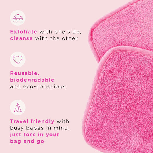 ERASE YOUR FACE Makeup Remover Cloths - Reusable Microfiber Face Towels to Cleanse & Remove Makeup - Water Activated, Dual-Sided Design for Easy Use - Pink/Black (2 Count)