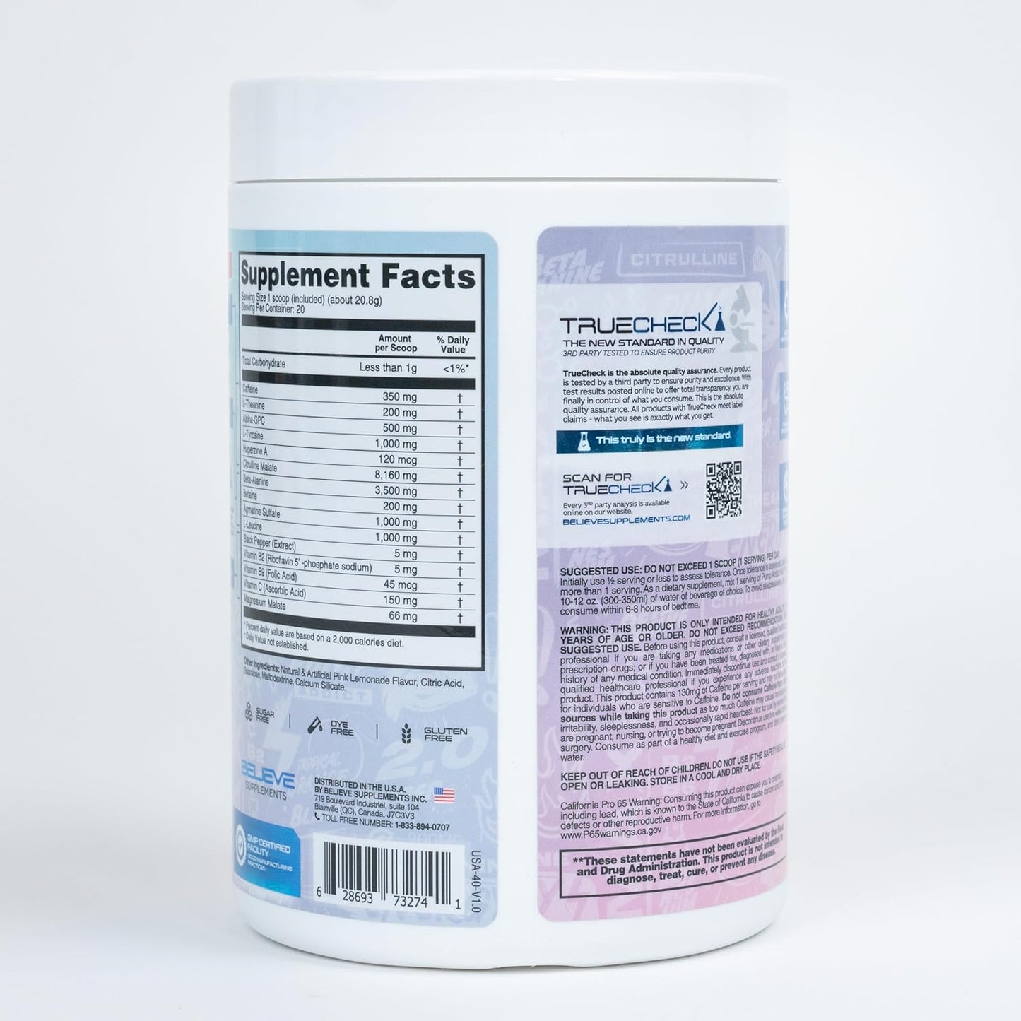 Believe Supplements - Pump Addict Max 锻炼前粉末 - 增强能量、注意力和耐力(425 克,粉红柠檬水)