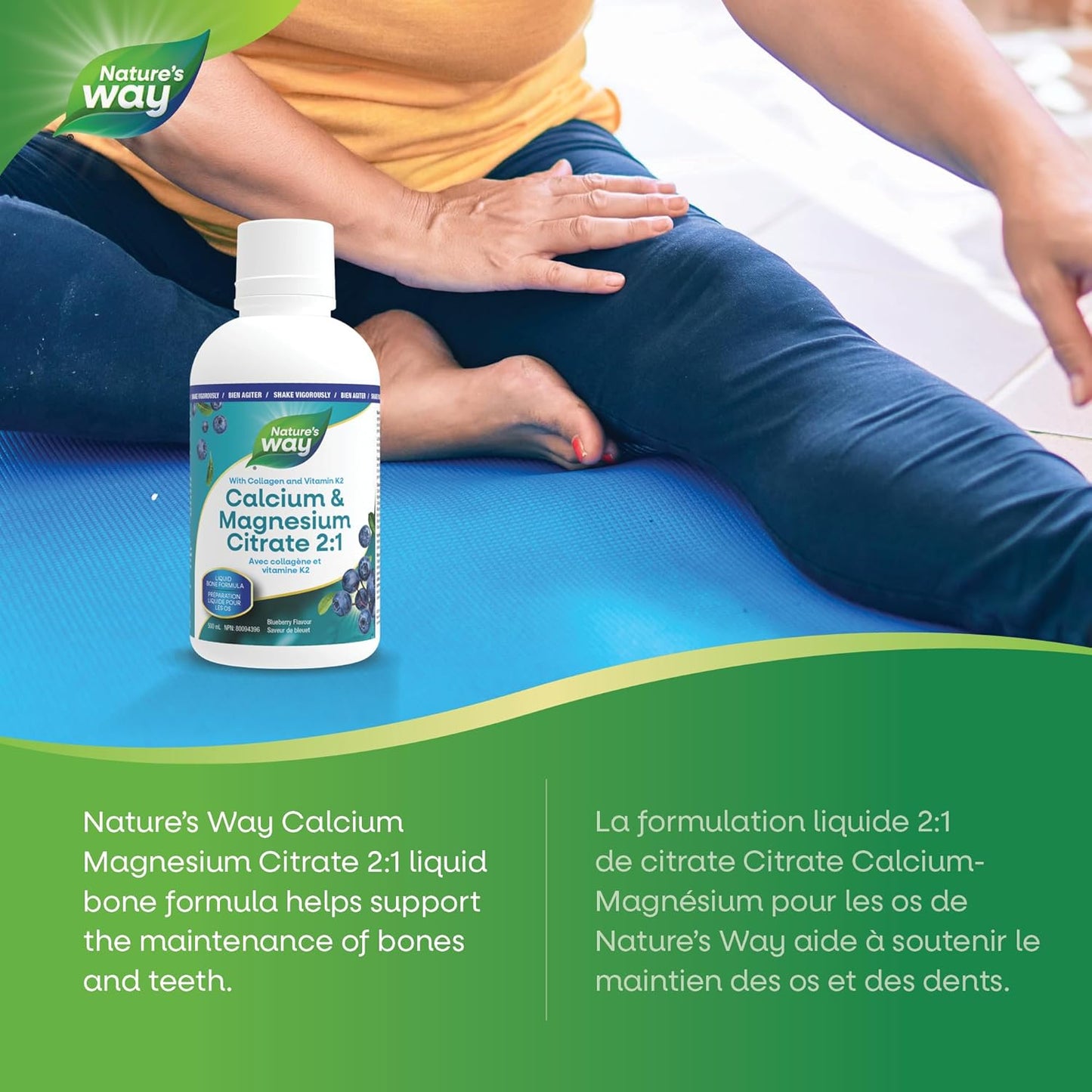 Nature's Way Calcium and Magnesium Citrate 2:1 - Liquid Supplement with Vitamin K2 and Collagen – Helps Support the Maintenance of Bones and Teeth – Blueberry Flavour, 500 mL