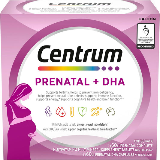Centrum 产前多种维生素/矿物质,含叶酸和 DHA,多种维生素补充剂,含 Omega 3,60 片产前片剂和 60 粒 DHA 软胶囊(共 120 粒)(包装可能有所不同)