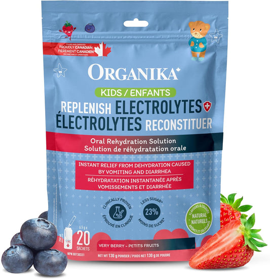 Organika Kids Replenish Electrolytes Powder - Dehydration Relief and Isotonic Electrolyte Powder For Kids, Berry Flavour, Free from Artificial Preservatives, Sweeteners and Colours - 6.5g x 20 sachets