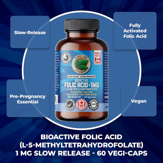 Pure Lab Vitamins | Slow Release Bioactive Folic Acid 1mg | 60 Capsules | Vitamin B9 Folic Acid Supplement for Women | Folic Acid for Pregnancy | L-5-MTHF Supplement | Immune System Suport & Cardiovascular