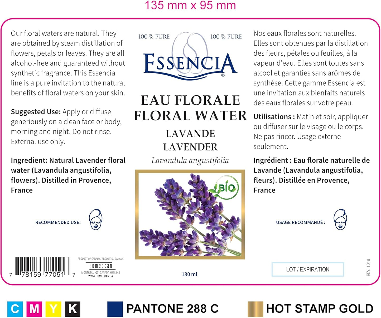 Essencia Organic Lavender Floral Water Spray 180ml, Calming Hydrosol Face Mist for Soothing, Hydrating & Refreshing Skin - Alcohol-Free, Steam-Distilled from Provence for Gentle Daily Skincare Rituals