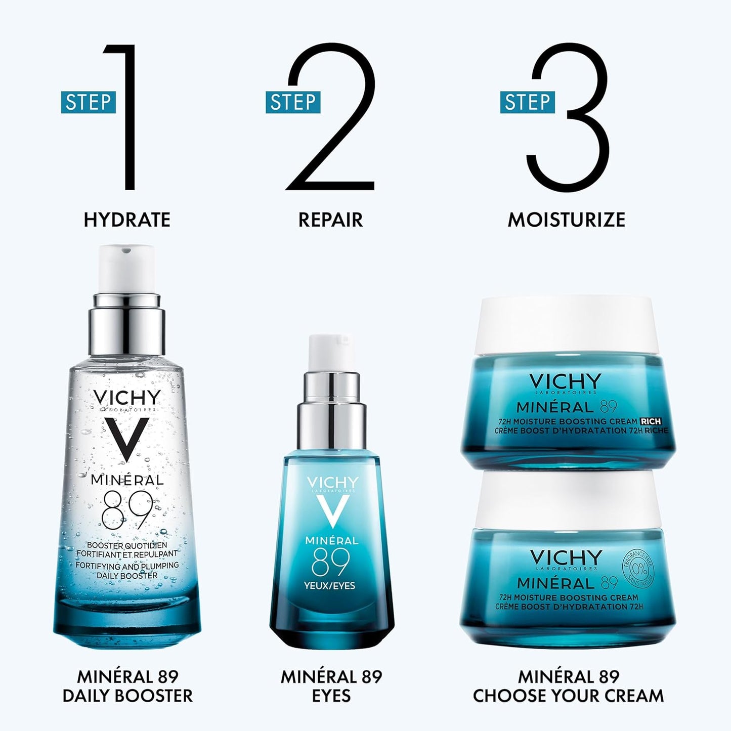 Vichy Minéral 89 透明质酸面部精华液或褪黑素修复晚霜,保湿并强健肌肤,适合敏感肌肤,皮肤科医生推荐