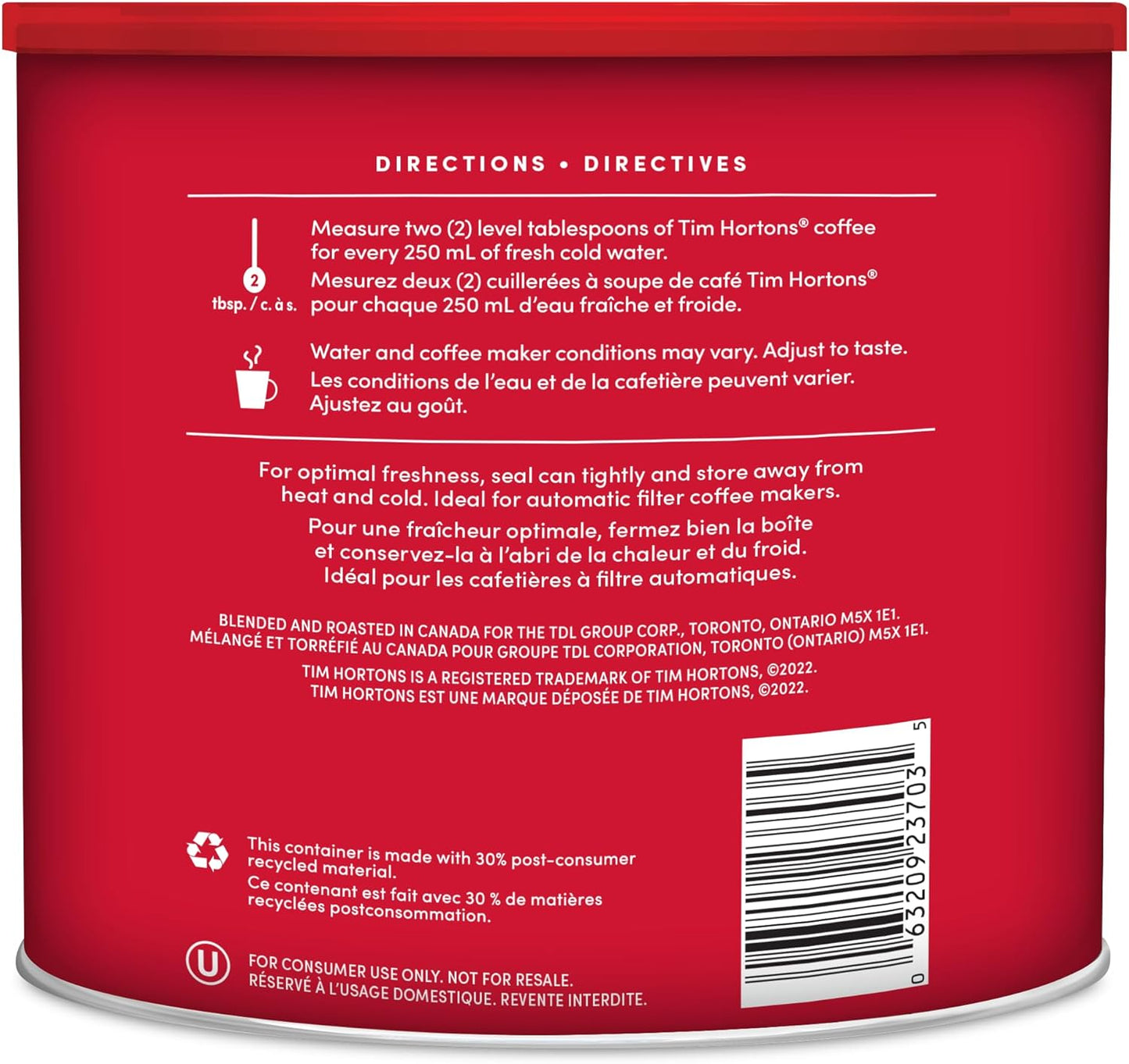 Tim Hortons 100% 阿拉比卡原味混合咖啡,中度烘焙,研磨咖啡,875克