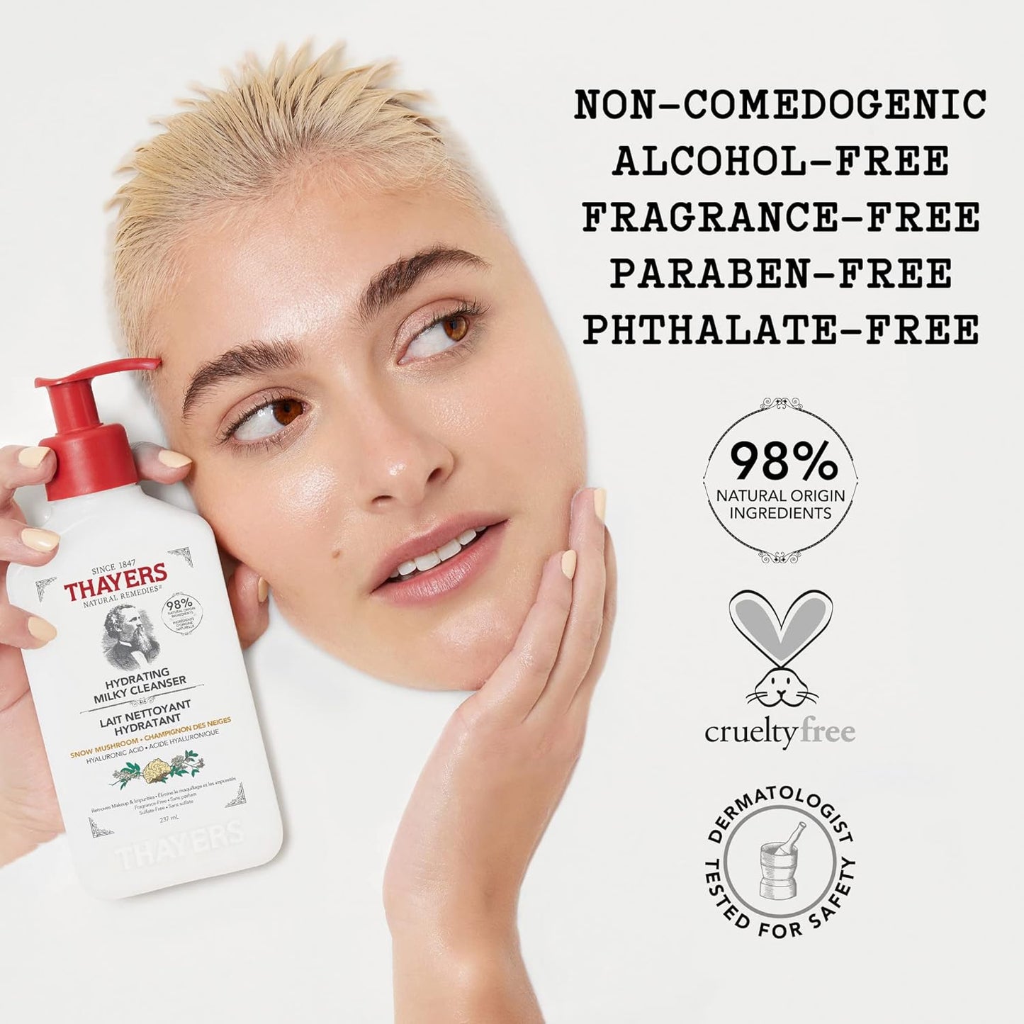 THAYERS Milky Hydrating Face Cleanser with Snow Mushroom and Hyaluronic Acid, Dermatologist Recommended Gentle Facial Wash and Hydrating Skincare for Dry and Sensitive Skin, Paraben Free, 8 FL Oz