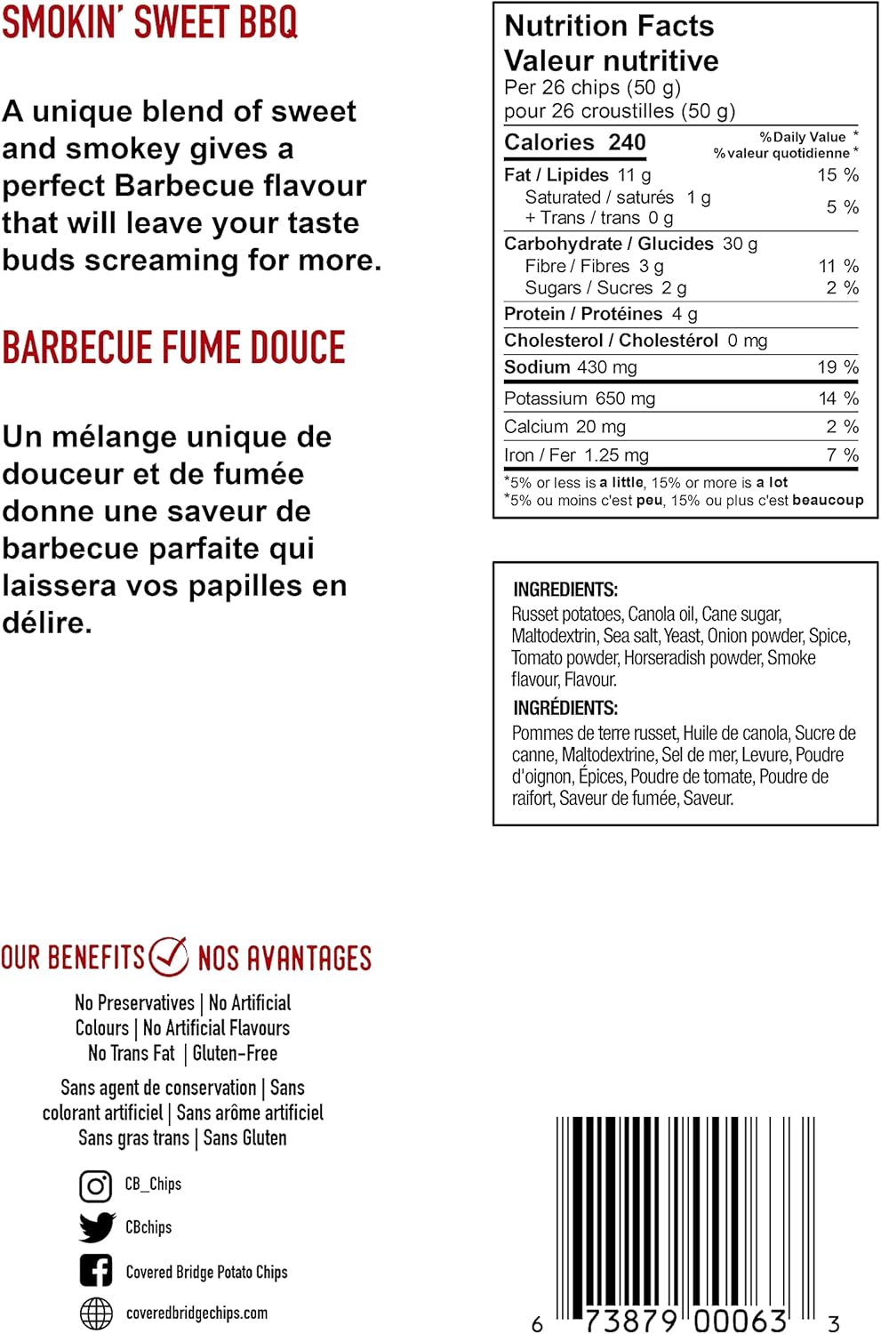 Covered Bridge Chips - 烟熏甜味烧烤薯片,170克装 - 无麸质,犹太洁食认证,采用深色赤褐色土豆烹制,加拿大制造,12片/170克装