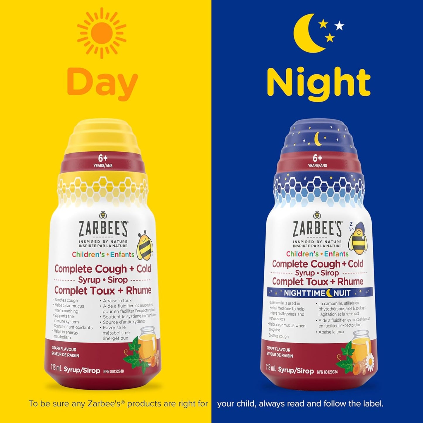 Zarbee’s® 儿童夜间全面止咳感冒糖浆,适用于 6 岁以上儿童,蜂蜜、洋甘菊、常春藤叶提取物、锌和姜黄根,无色素,葡萄味,118 毫升