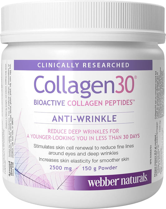 Webber Naturals Collagen30 抗皺粉,每份含 2,500 毫克生物活性膠原蛋白勝肽,150 克,有助於減少深層皺紋、細紋並刺激皮膚細胞