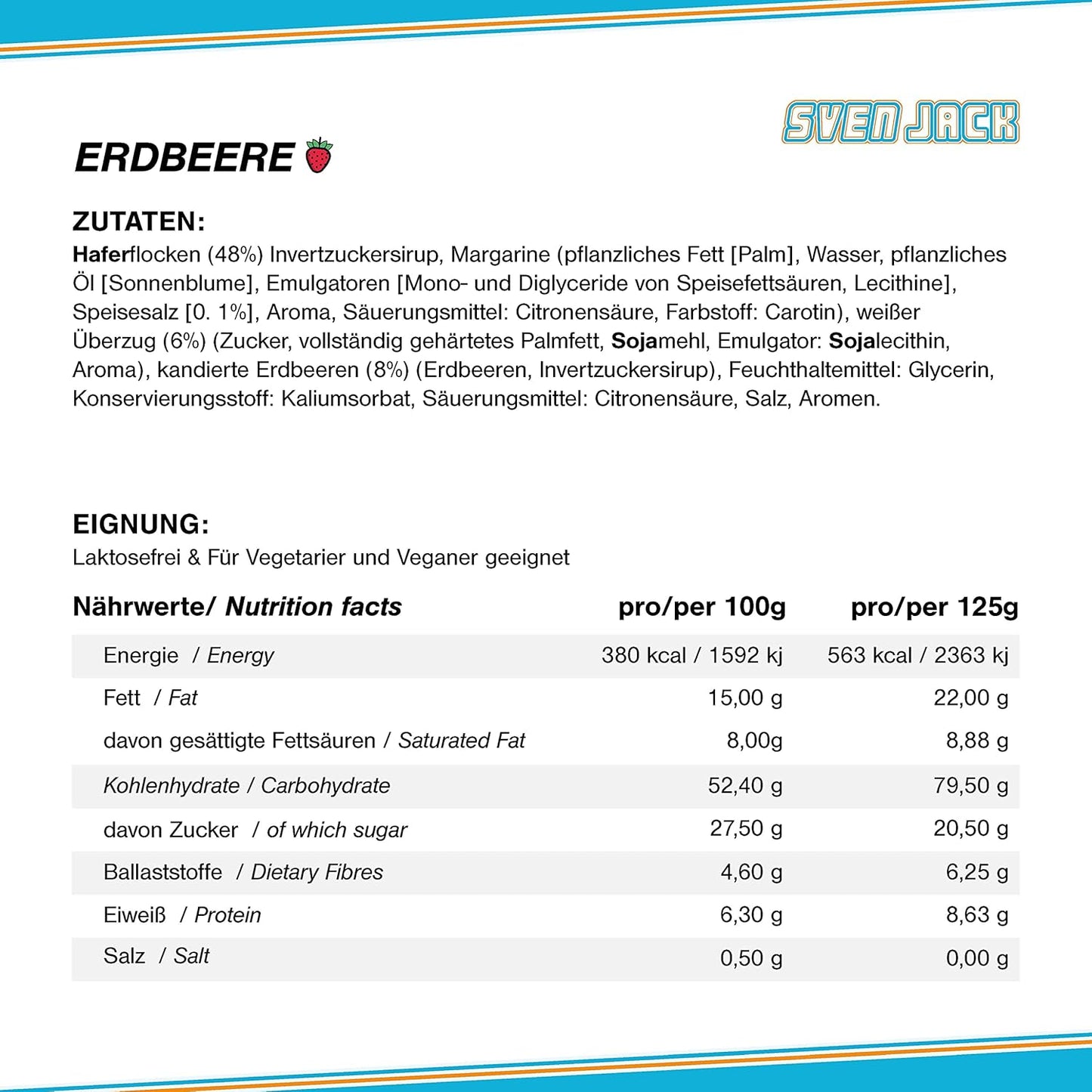 SvenJack Vegan Oat Bar Strawberry - 24 × 125g - High‑Fibre, Low‑Sugar, Gluten‑Free Oatmeal Energy Snack with Strawberries