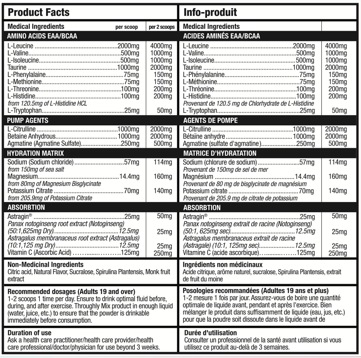 BULL Nutrition Amino Xplode – 12克 EAA/BCAA + 4.5克 Pump 和 500毫克電解質水合混合物 – 加拿大製造 – 60/30 份 – 火箭汽水口味(紅、白和汽水)